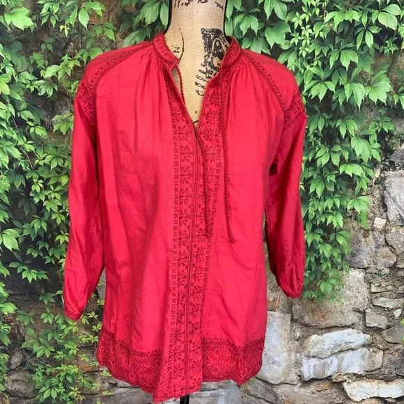 MADEWELL Embellished Tomato Red Cotton Boho Tunic, XS - Picture 9 of 10